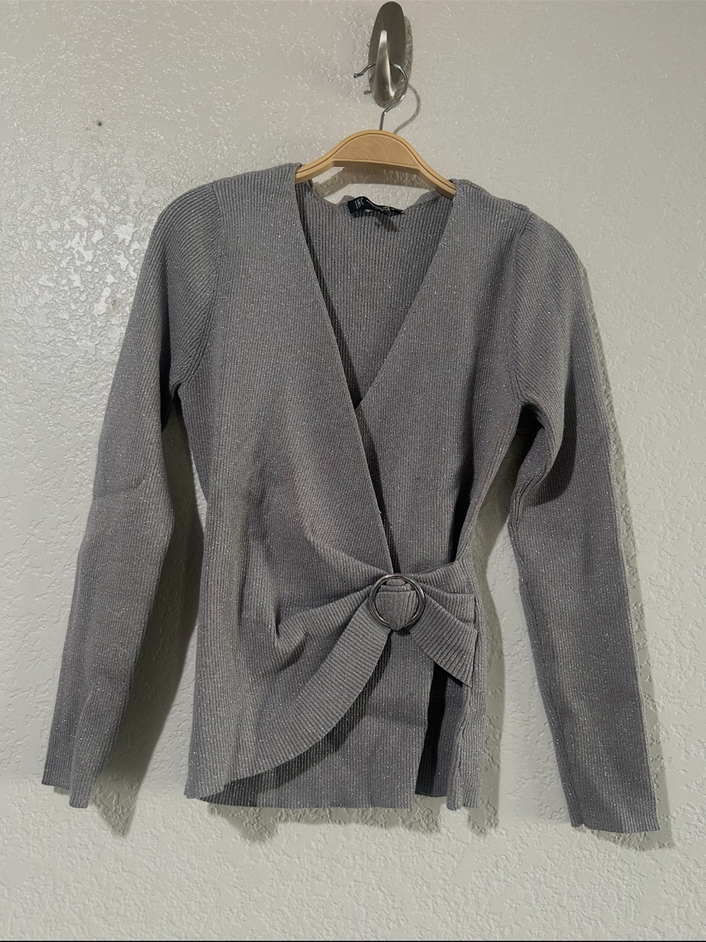 NWOT -I•N•C Gorgeous Silver Metallic Stitching Gray Long Sleeve Top